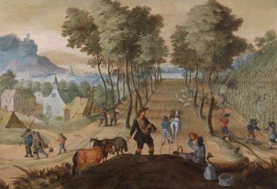 Bebost landschap nabij een dorp met boeren aan het werk op het veld door Sebastian Vrancx